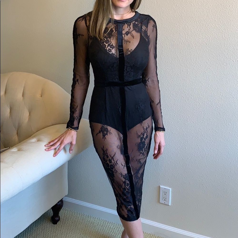 Lace dress with black slip leotard